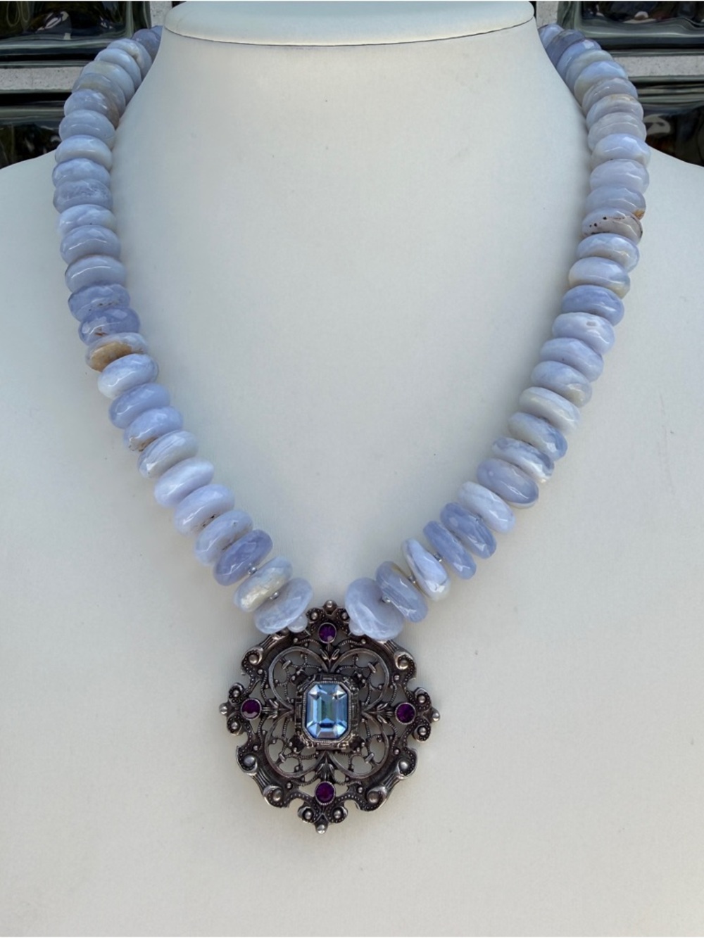 Statement Blue Lace Agate Necklace. Vintage Converted Pendant | Handmade Jewelry